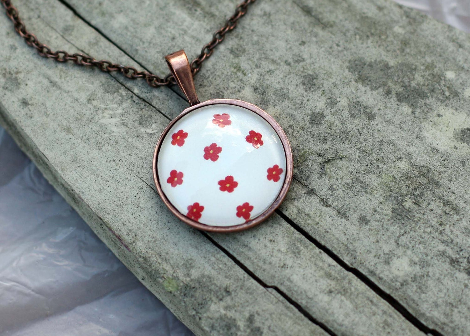 Tan and Red Flower Necklace Pendant