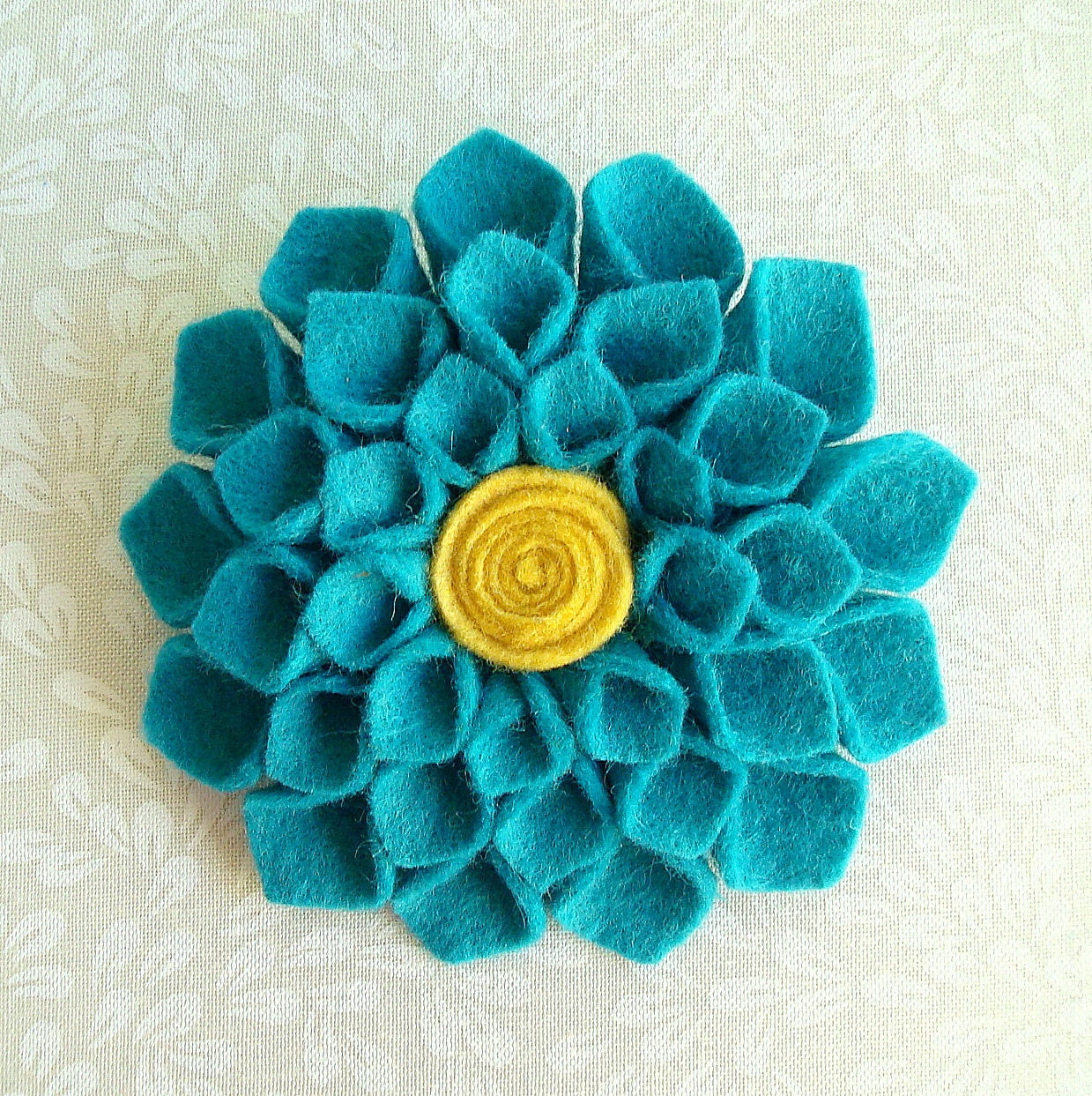 Spring Felt Flower Mini Dahlia Brooch Pin Turquoise and Yellow