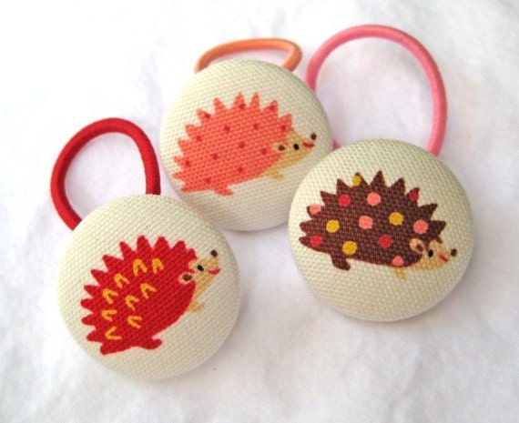 Fabric Covered Button Ponytail Holders - Set of 3 - Animal Collection - Hedgie and Friends