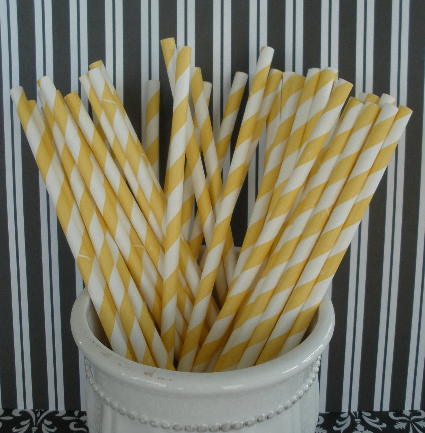 50 Yellow Stripe Paper Drinking Straws w/ DIY Blank Printables, Retro, Vintage Inspired, Biodegradable