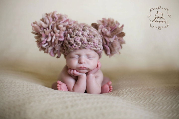 Chunky Pink Cream Ivory Off White Beige Brown Crochet Knit Newborn Infant Baby Girl Double Pom Pom Beanie Hat Photography Prop