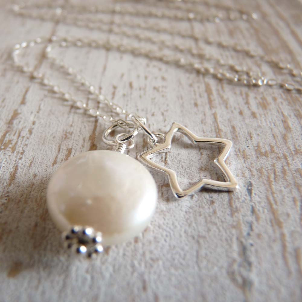 Moon and Star - Sterling Silver Star and Coin Pearl Cluster Necklace
