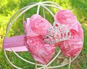 Pink Princess Hair Bow- Mini Pink Satin Rosette Hair Bow with Crystal Tiara Center Stretchy Headband or Clip - Petite Virginia - Many Colors