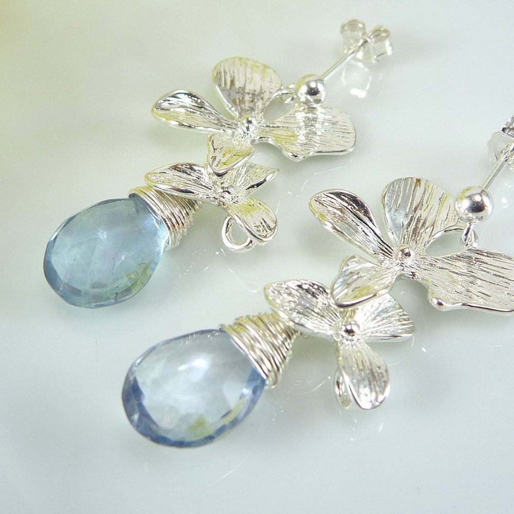 Blue, Silver Bridal Earrings - Delicate with Orchid Flowers