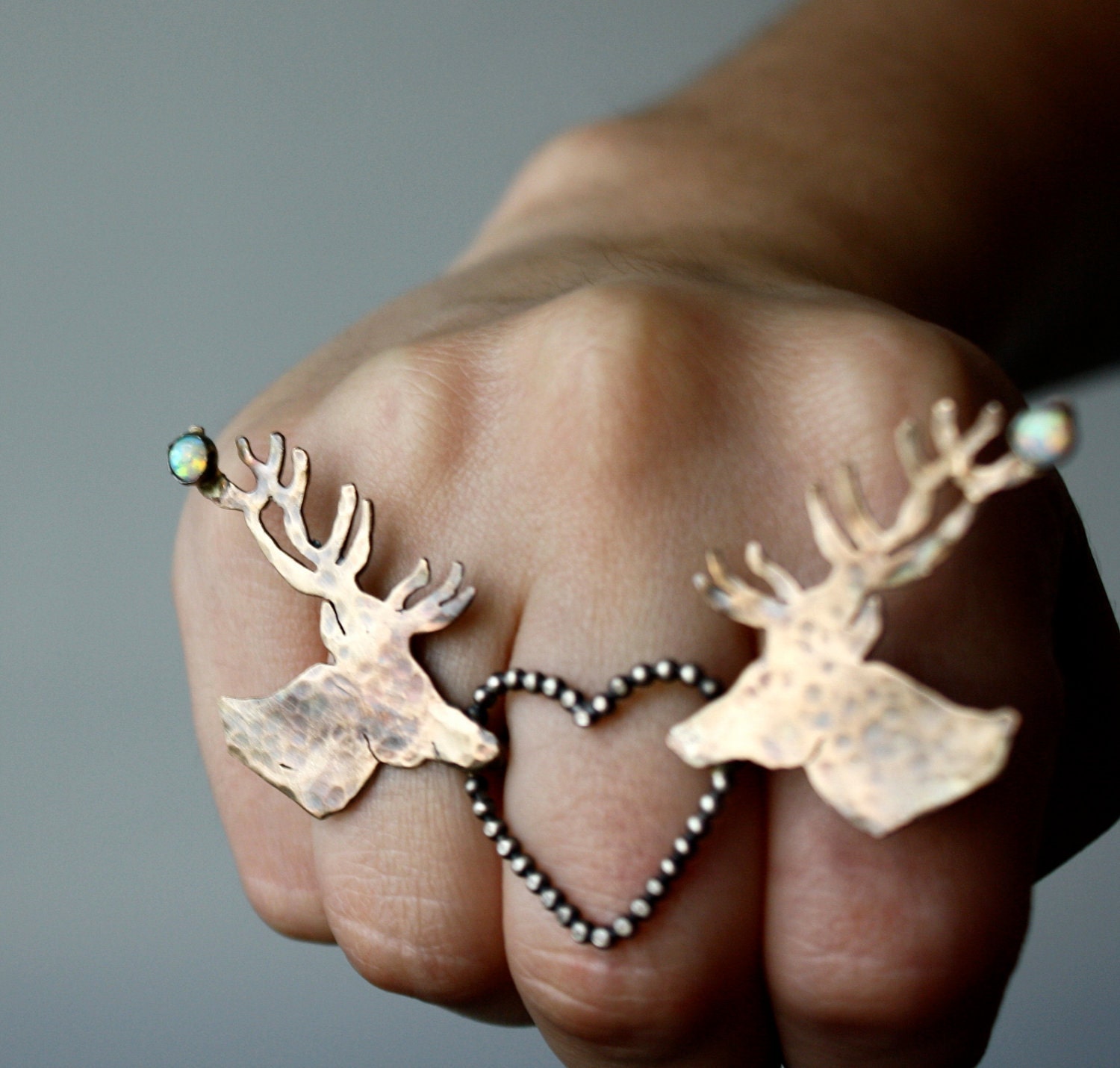 Deer In Love Knuckle Ring with Opals