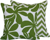 Outdoor Decorative Throw Pillow 18x18 in, 45cm Square, Flowers with Chevron, Green and White, Lime Twirlies with ZigZags