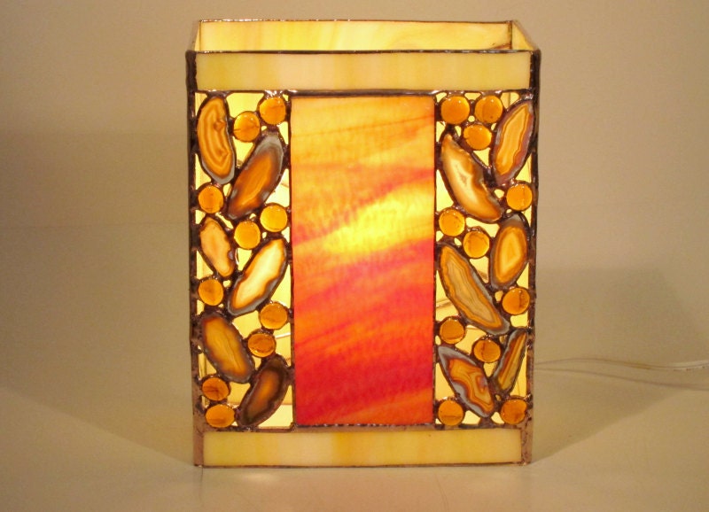 Golden Lamp Stained Glass with Agate Geodes Handmade OOAK