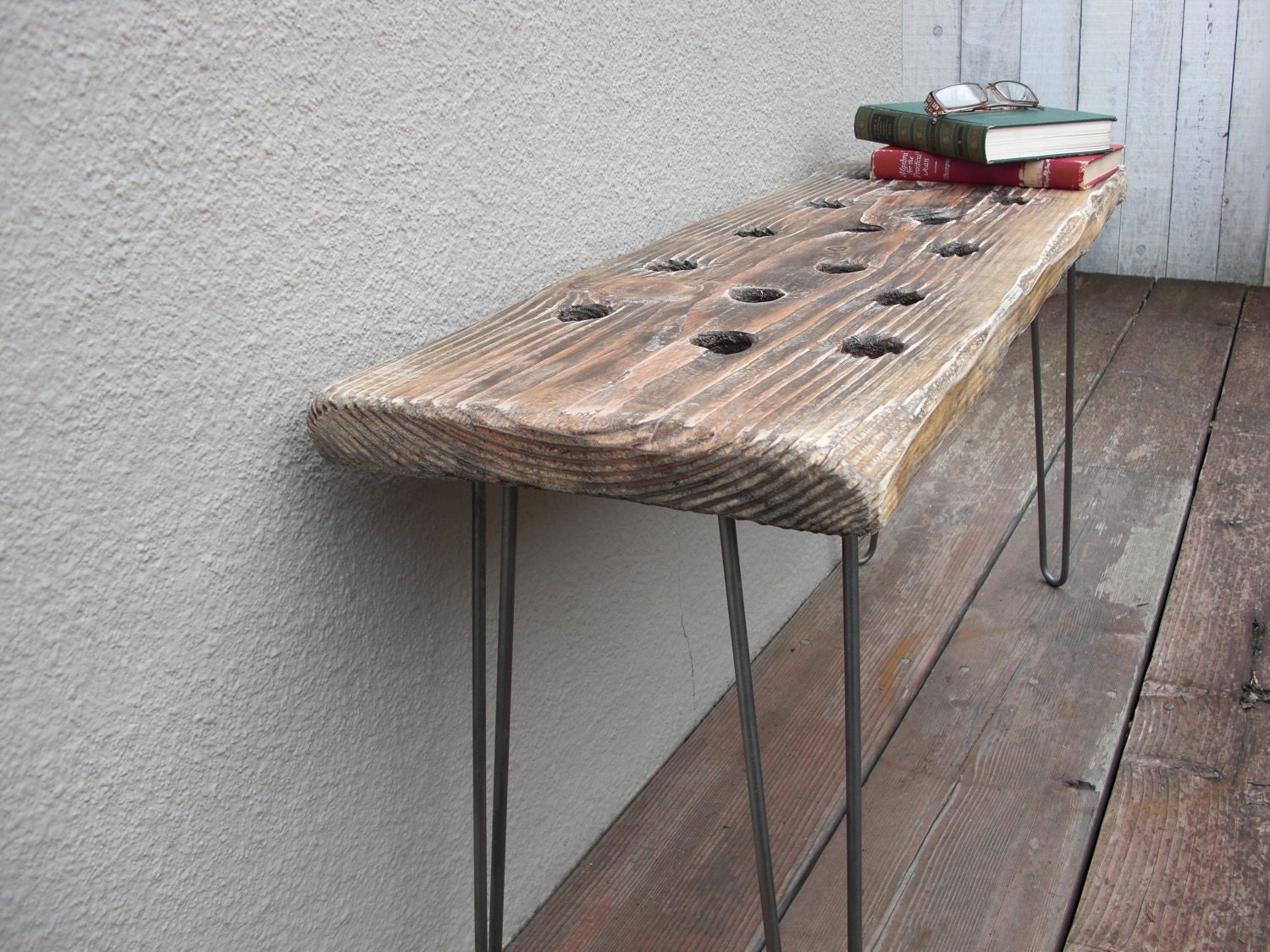 Modern Reclaimed Upcycle Rustic Wood Plank Bench with Vintage Eames Style Hairpin Legs