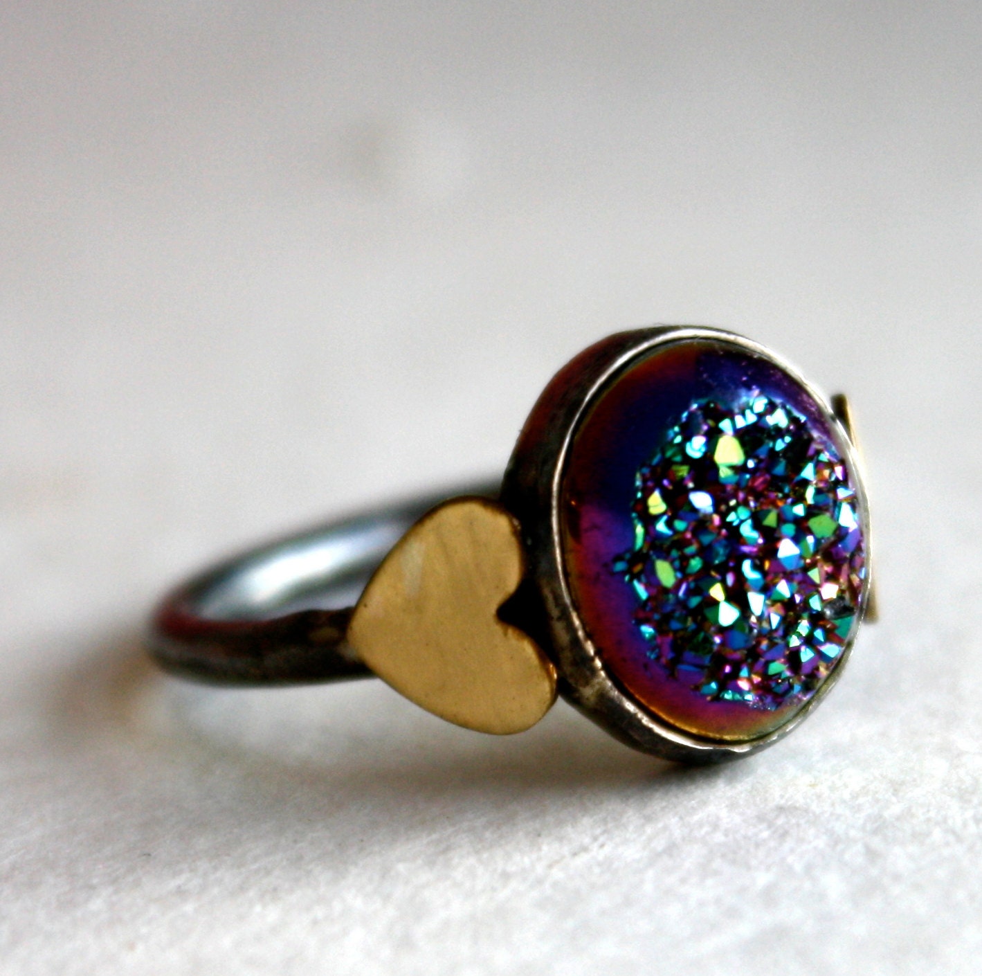 Rainbow Drusy with Hearts- Handmade Sterling Silver Ring