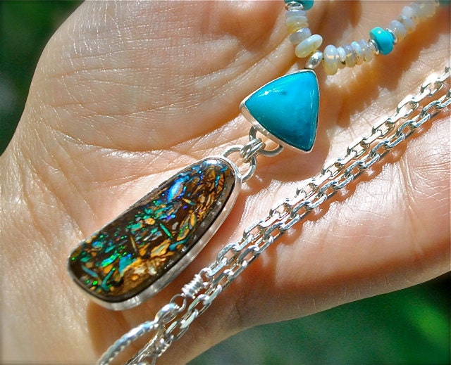 SALE Boulder Opal and Chrysocolla with Australian Opal and Sleeping Beauty Turquoise Necklace