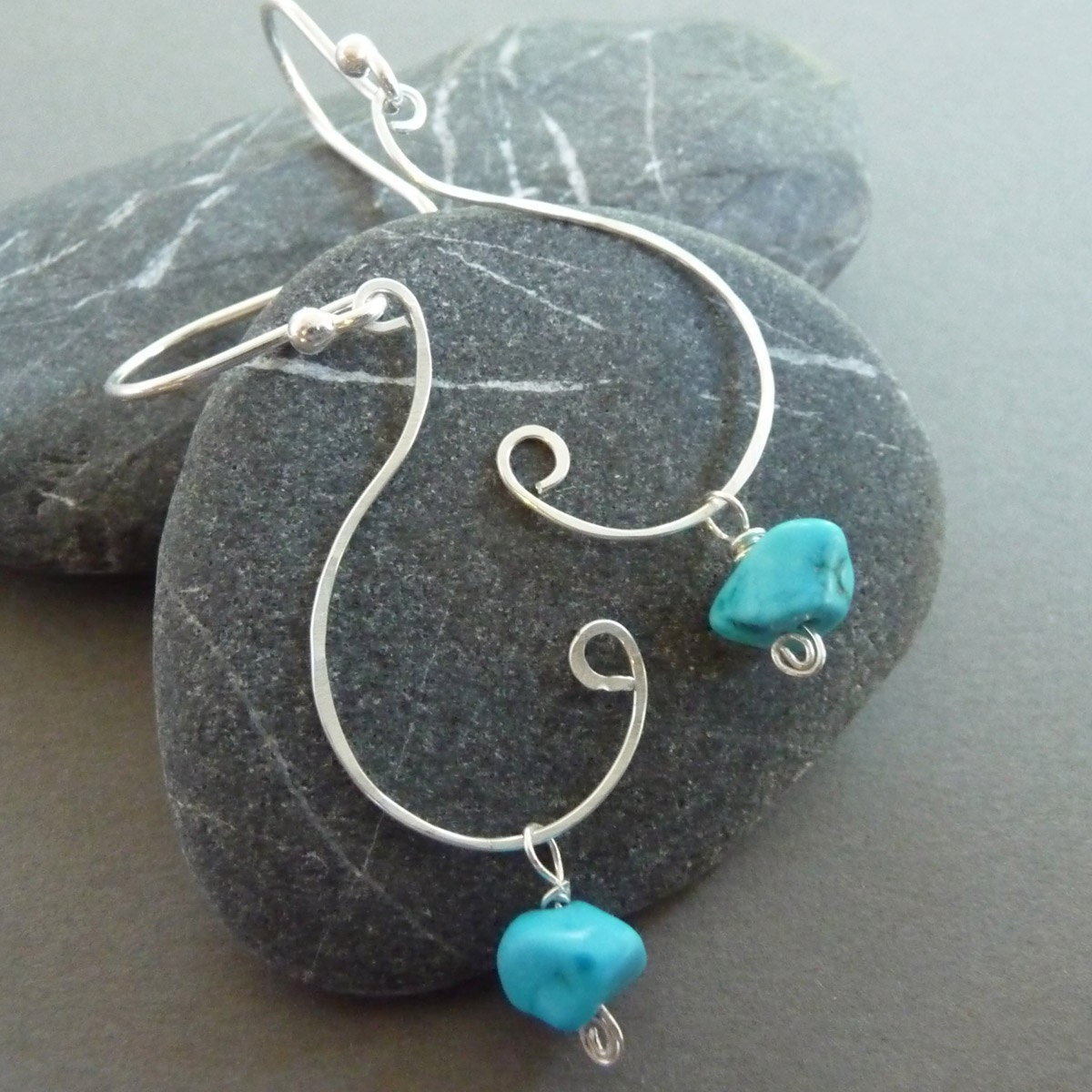 Turquoise Dream Swirl Hammered Silver Earrings