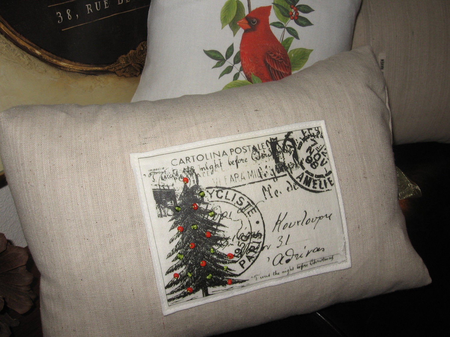 Pillow - Autumn, Fall, Christmas, Winter, Green, Red, Flour Sack, Burlap, Accent, Decorator, Vintage, Holiday, Post Card 12 x 16