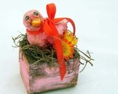 Pink Orange Bird Woodland Block Sculpture Assemblage Paper Clay