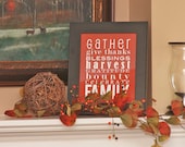 8x10 . Family Gratitude Thanksgiving Seasonal Subway Art Poster Print Giclee // Maple Red Silver Gray Caramel Latte Moss Green