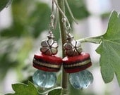 Red Mala Bead Earrings with Fluorite and Silver Flower