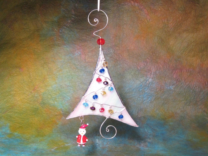 Stained Glass Christmas Tree and Santa Claus Ornament Handmade OOAK White