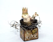 Mini Christmas Bird of Peace Handmade Paperclay on Wooden Block White Vintage Look