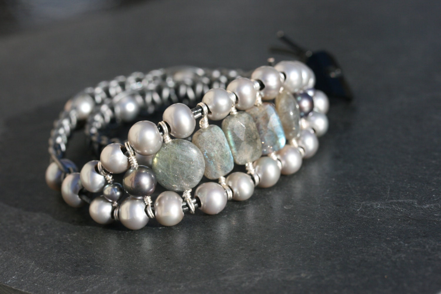 Leather weave, freshwater pearl, labradorite wrap bracelet Rhapsody wirewrapped in fine silver by LibertyOriginals $52