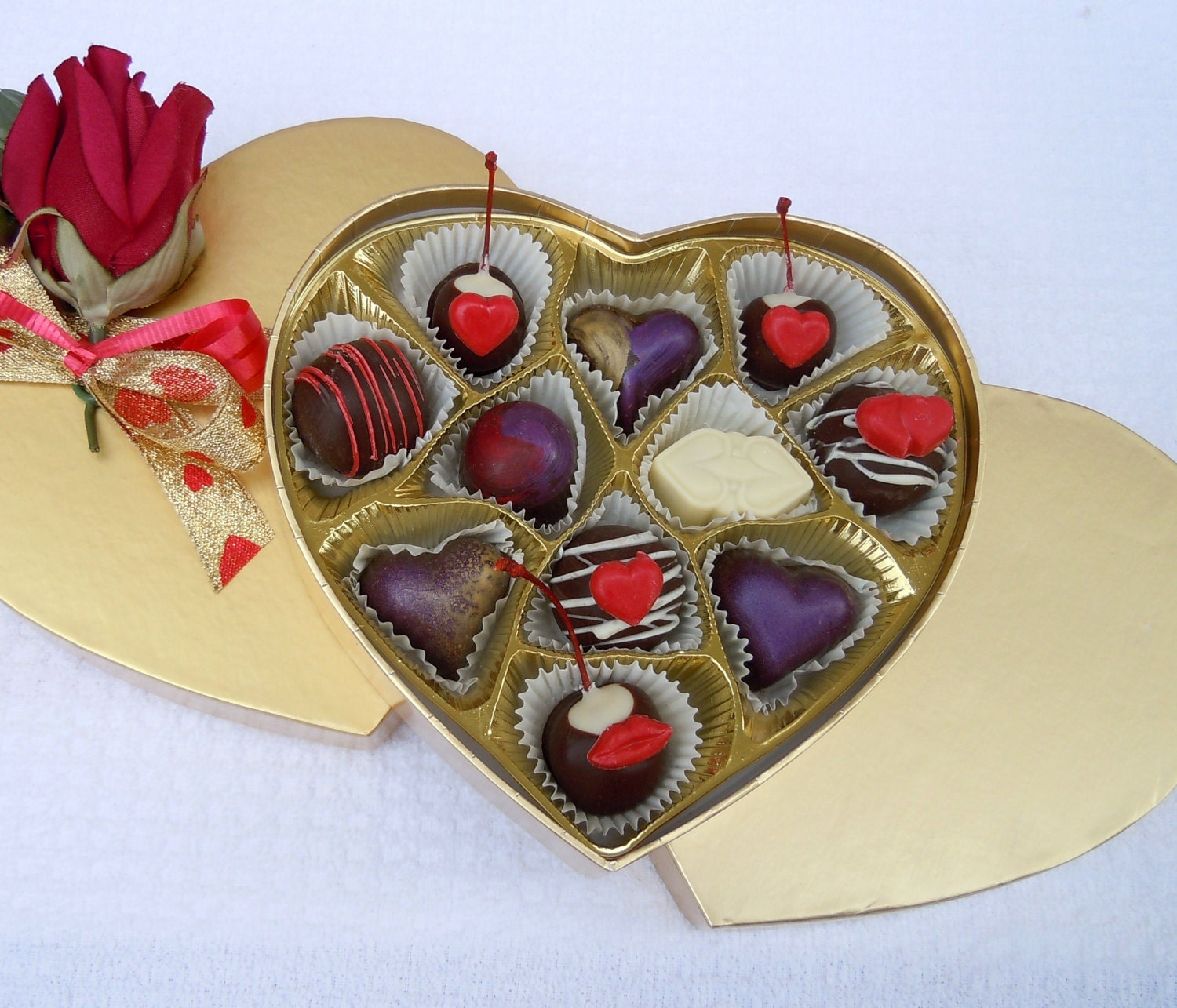 Gold Valentines Day Heart with Truffles and Cherries