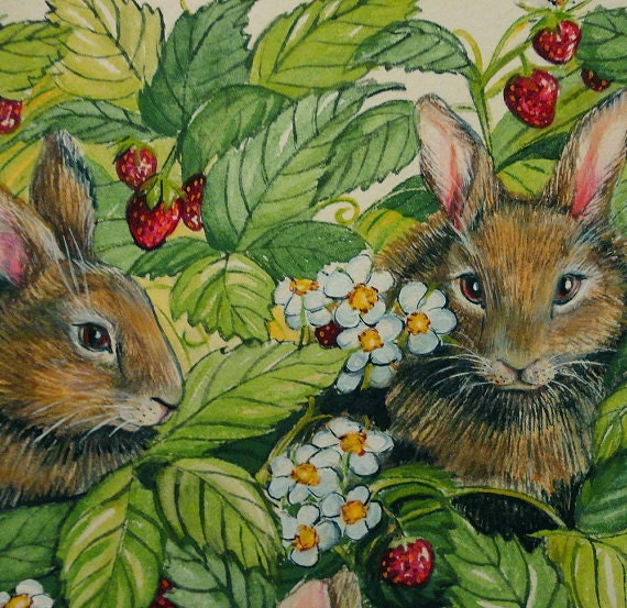 Original Painting Bunnies Love Strawberries