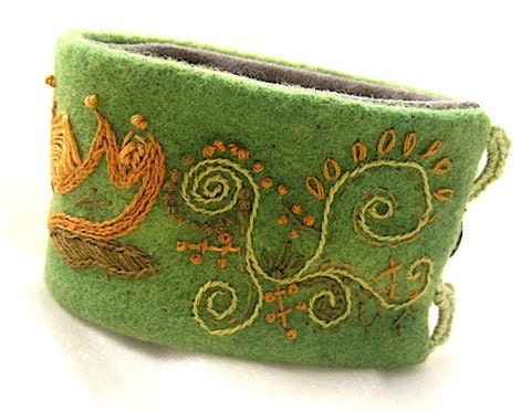 Handmade Cuff Bracelet Hand Embroidered Jacobean Lotus Flower Wool