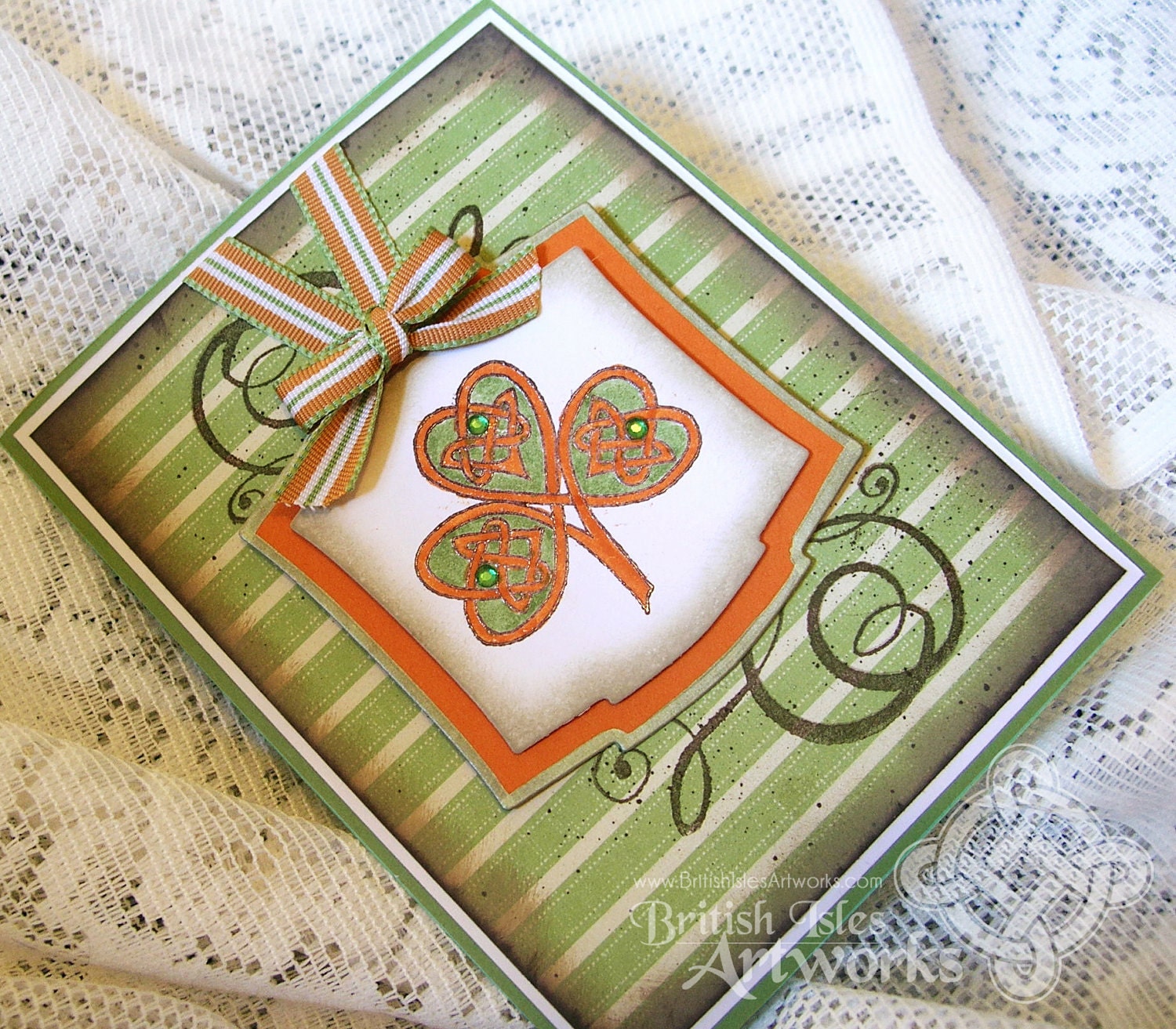 St. Patrick's Day card, Shamrock with Celtic Knotwork, Green and Orange, Shabby Chic, Rustic, Flourishes, Grunge, Celebrate Ireland