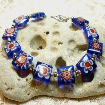 Garden Party- Blue Millefiori Flower Bead and Silver Bracelet