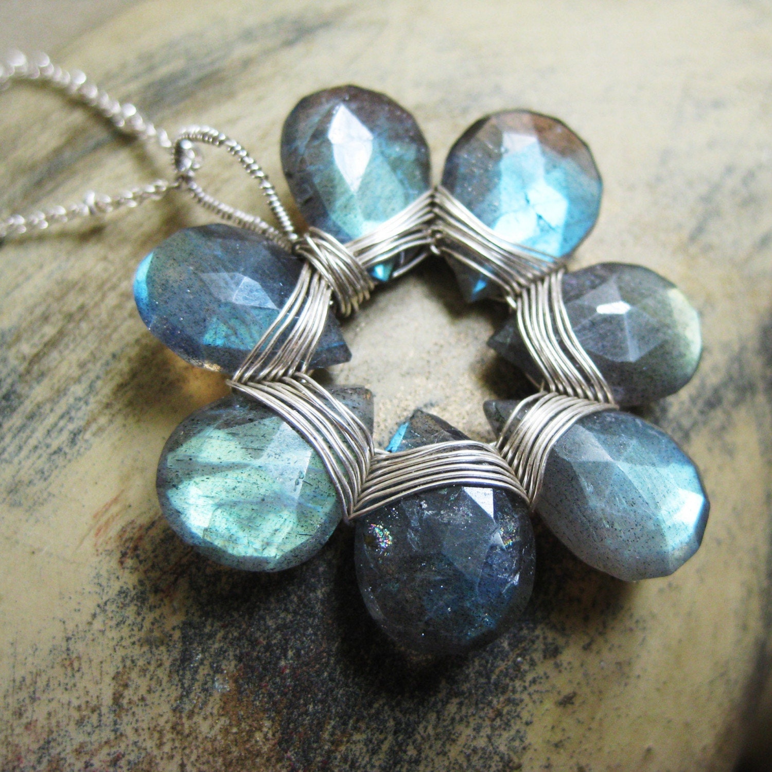 Aqua, Blue and Grey Labradorite Silver Flower Pendant Necklace