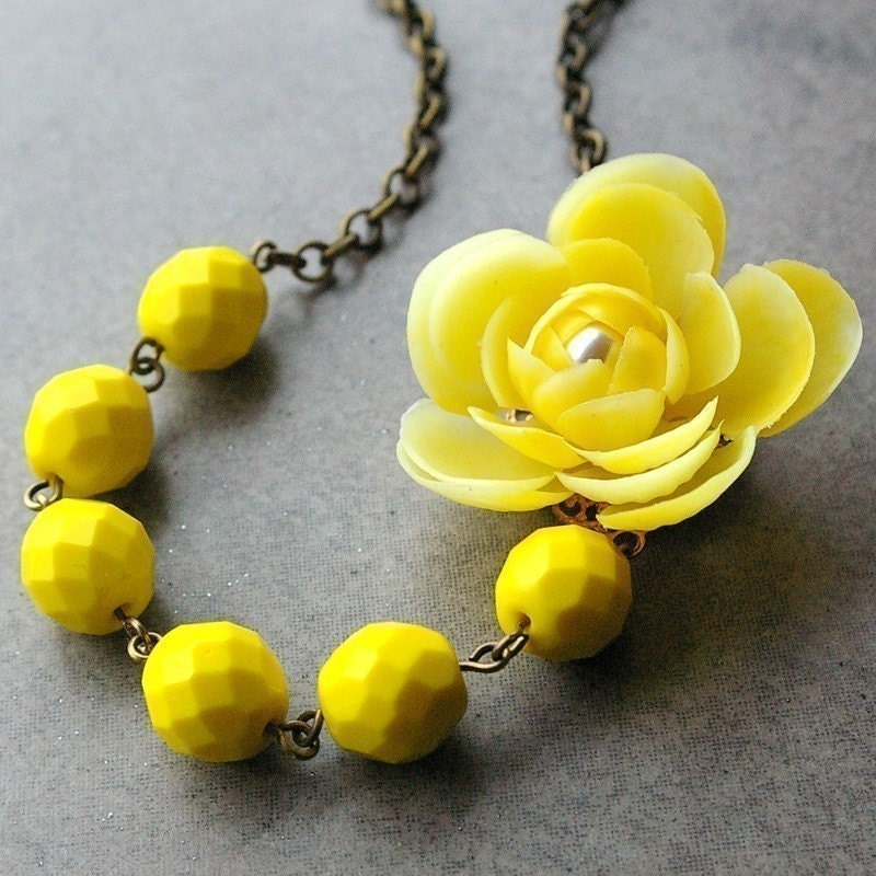 Lemon Zest, Vintage Yellow Flower and Crystal Necklace (HALF PRICE SALE)