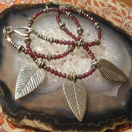 Garnet and Silver Leaves Necklace