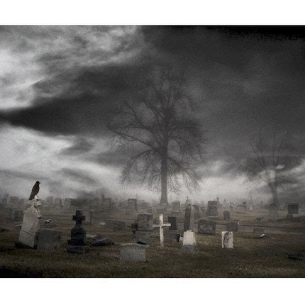Monochrome Eerie Crow Cemetery Raven Tombstone Gothic Art