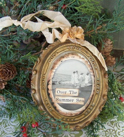 Over the Summer Sea Altered Vintage Mirror Whimsical Nostalgic Ornament OOAK