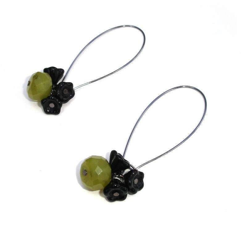 Olive Blossom Earrings - Olive Jade and Black Flowers on Gunmetal earwires