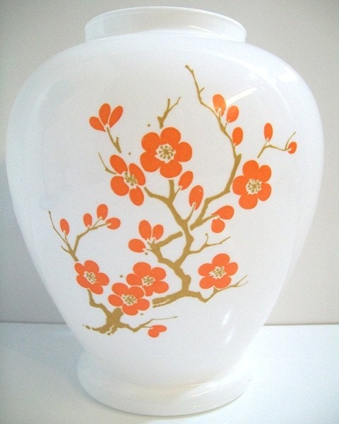 Vintage Italian White Glass Orange Dogwood Vase Asian Inspired