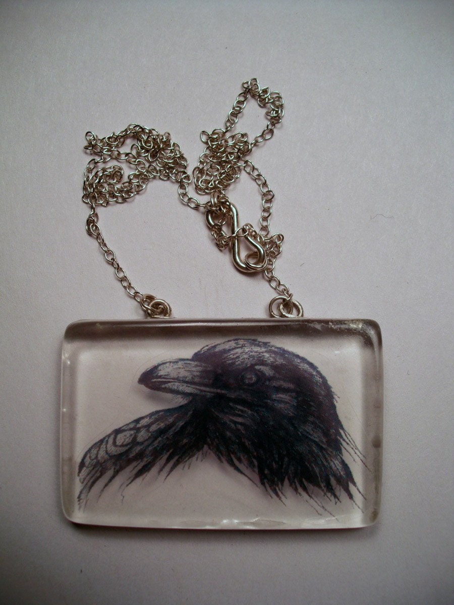 Raven portrait clear rectangular pendant.