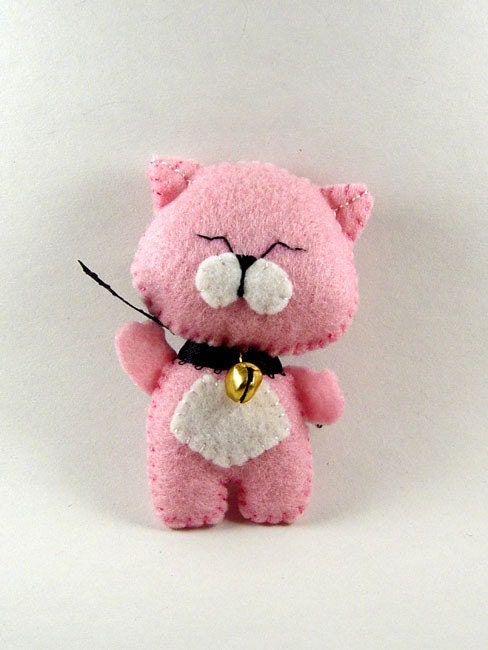 Happy Lucky Cat Mascot Ornament - Pink and White - hand stitched felt OOAK