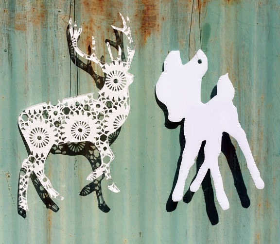 Set of  2 white acrylic plexiglass silhouette ornament bird, deer, bambi, rabbit or snowflake
