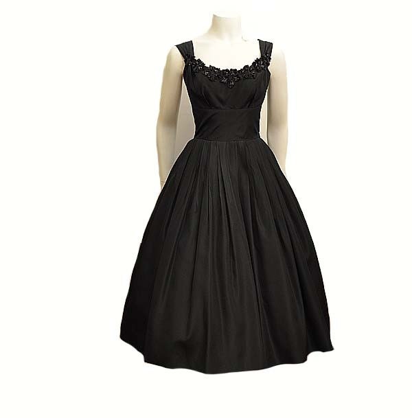 Black Taffeta Vintage 50's Beaded Full Skirt Party Dress with Bolero