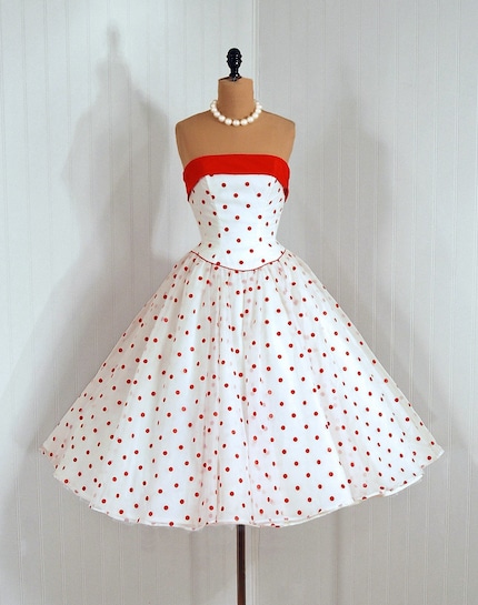 Reserved for donaghyestates 1950's Vintage Polka-Dot Red and White Sheer Chiffon-Print Designer-Couture Strapless Nipped-Waist Rockabilly Princess Circle-Skirt Bombshell Backside Sash-Bow Train Ballerina-Cupcake Wedding Party Prom Cocktail Dress
