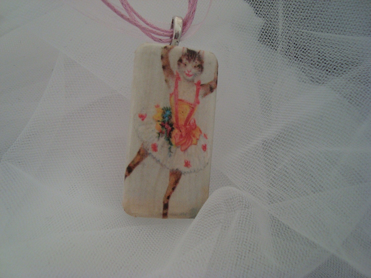Ballerina Kitty Cat Recyled Domino Tile Pendant WITH FREE RIBBON NECKLACE