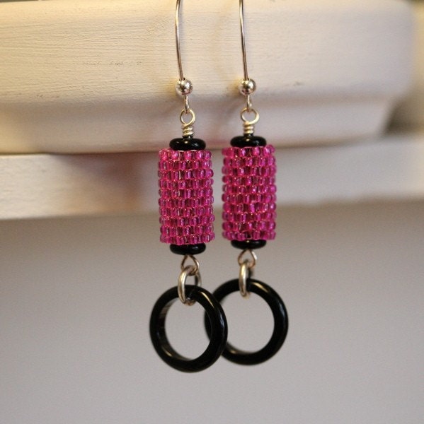Hot Pink and Black Earrings