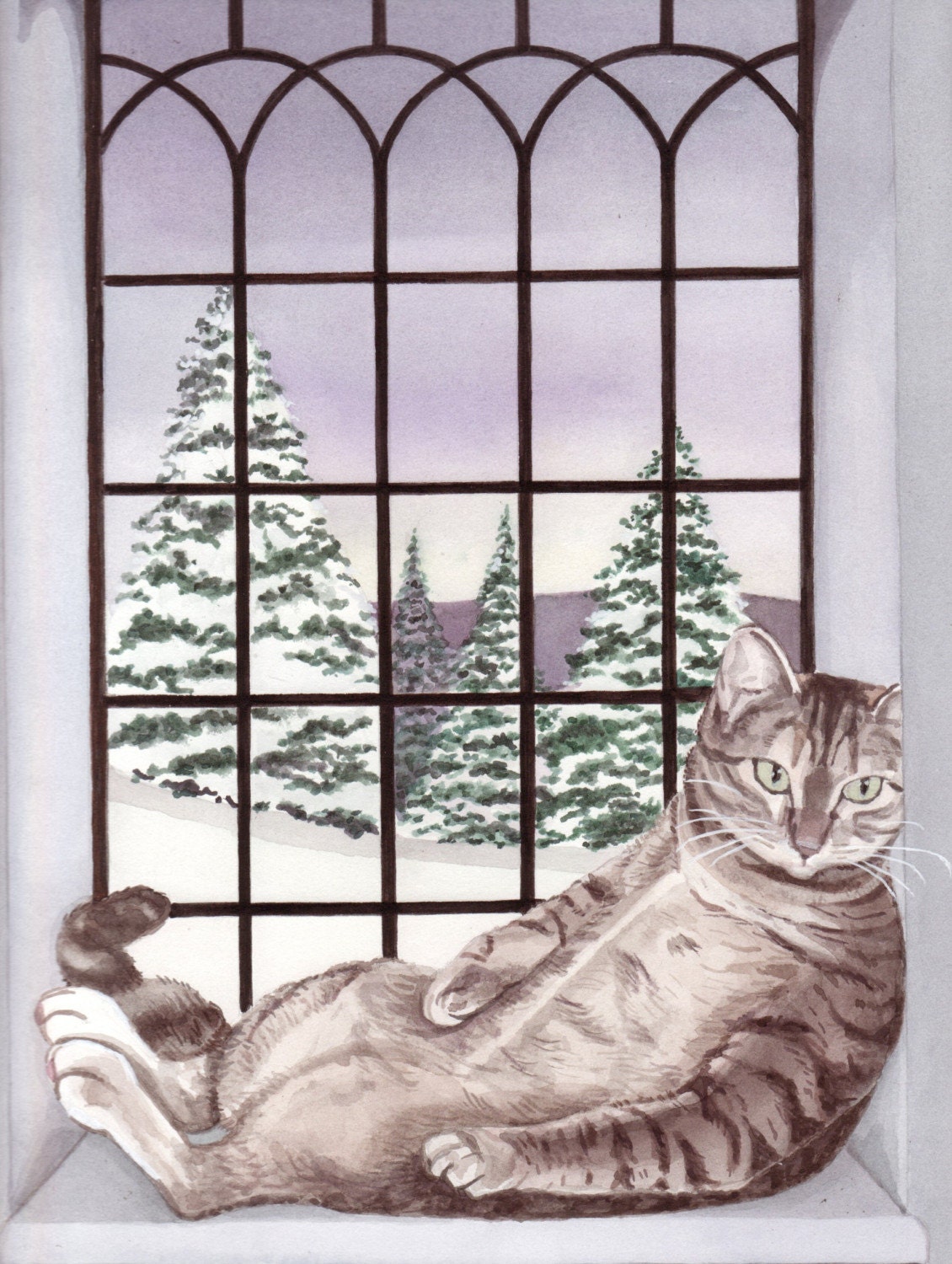 Baby, it's cold outside, but fat cat has warm window seat / Lynch folk art print