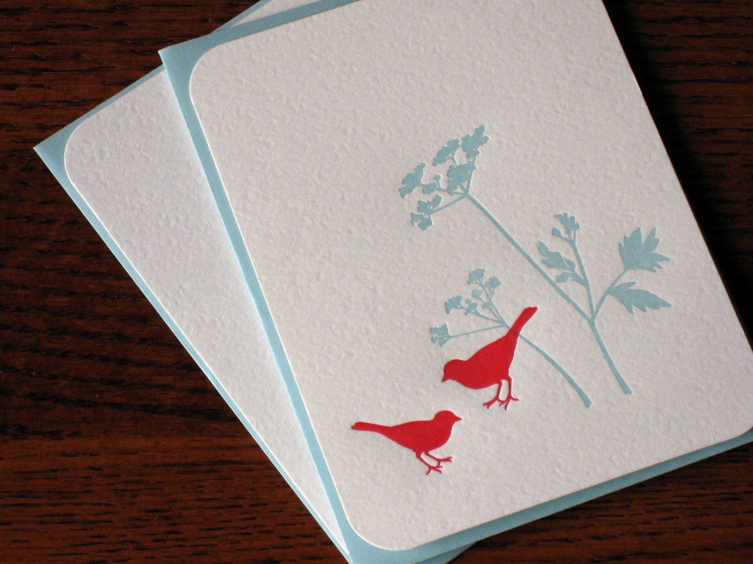 Letterpress Flat Note and Envelope - birds and flowers