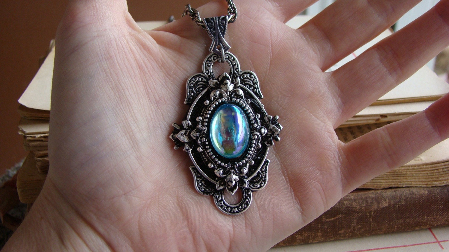 Dew - Art Nouveau Silver and Aqua Blue Metal Victorian Necklace