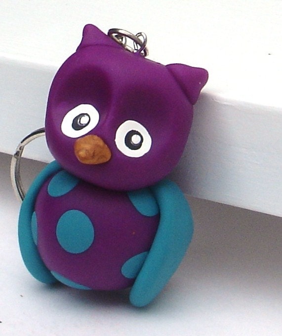 Owl Keychain, Purple with Blue Polka Dots Polymer Clay