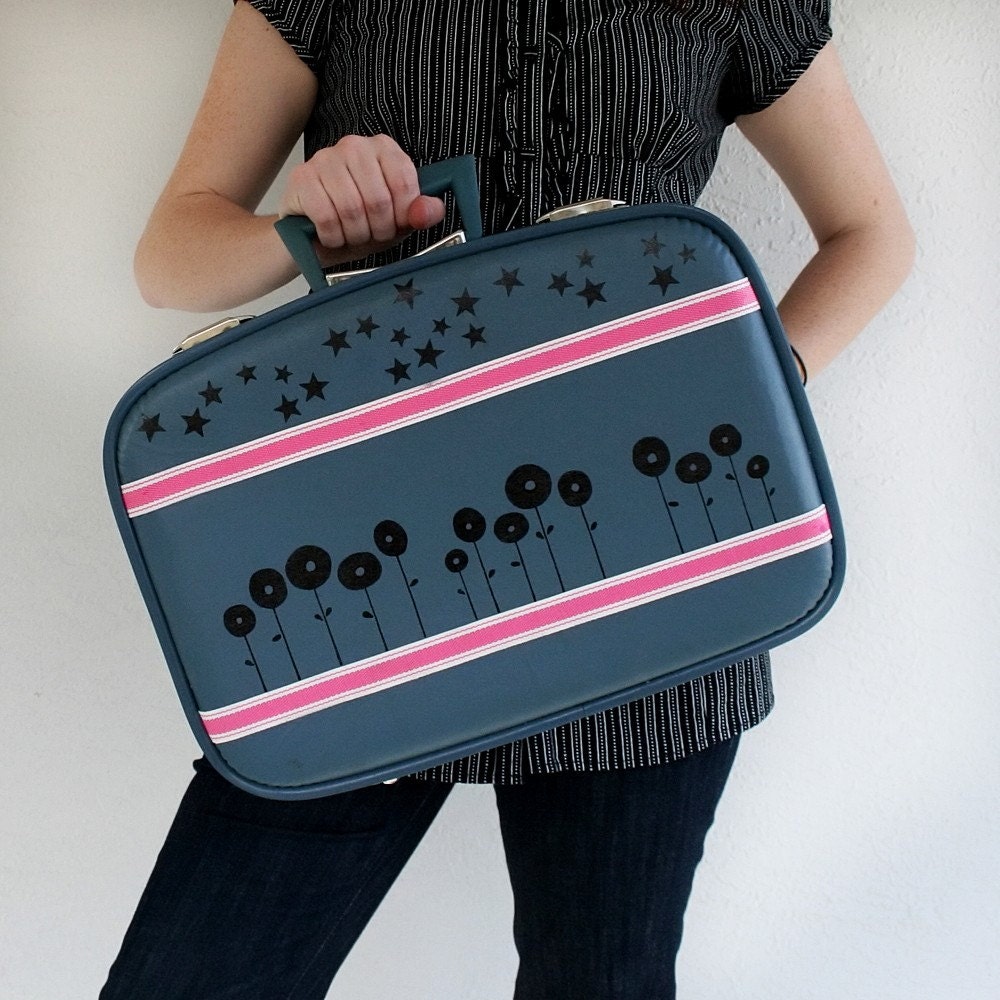 UPCYCLED Blue VINTAGE Suitcase Luggage with Row of Poppies Black Stars and Pink Sport tape stripes
