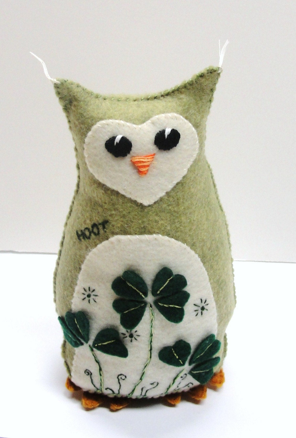 HOOT 8 in. tall stuffed owl in mossy green with shamrocks