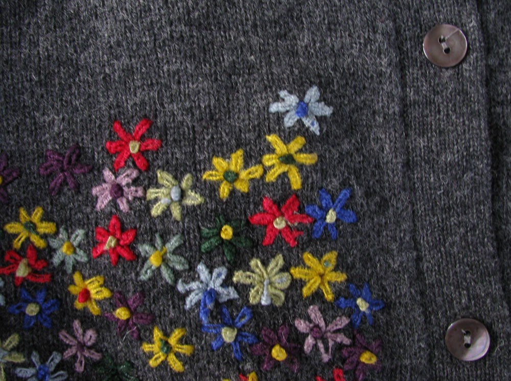 Grey Wool Cardigan Sweater with Stitched Colored Flowers
