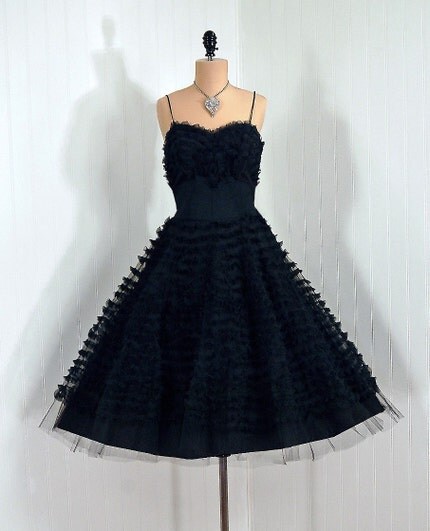 1950's Vintage Midnight-Black Sheer Ruffle-Swirl Illusion Tulle-Couture Sweetheart Shelf-Bust Plunge Rockabilly Nipped-Waist Princess Ballerina-Cupcake Bombshell Full Circle-Skirt Wedding Formal Evening Cocktail Prom Party Dress