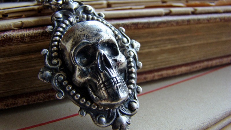 Hedonist Necklace - Skull Cameo and Sterling Silver Plated Neo Victorian Macabre